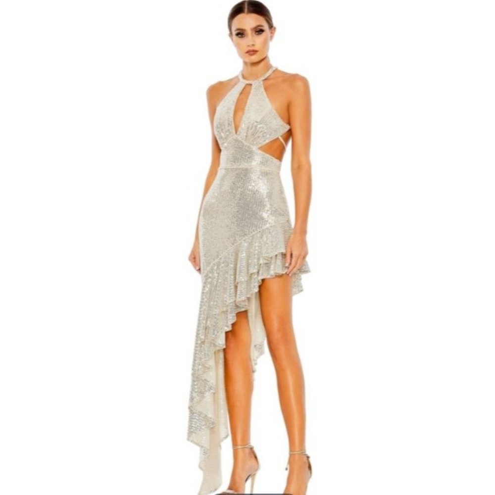 Ieena for Mac Duggal Front Cut Out Asymmetrical All Over Sequin Gown 2 NWT